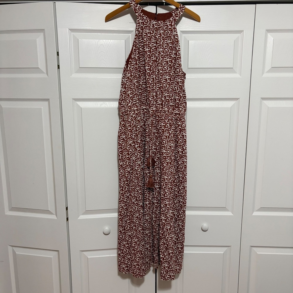 Boden Halter Maxi Dress Womens 12R Rust Brown White Geometric Tassel Fall Core